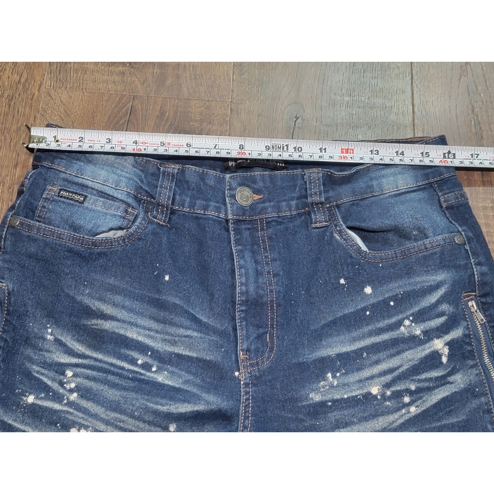 Phat Farm Mens Moto Biker Jeans Blue Distressed Paint Splatter 34W x 32L‎ Slim